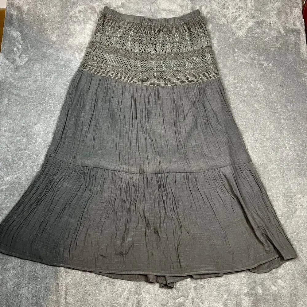 J.Crew‎ Tiered Maxi Skirt Womens L Gray Embroidered Lined Rayon Eyelet Lace-Trim